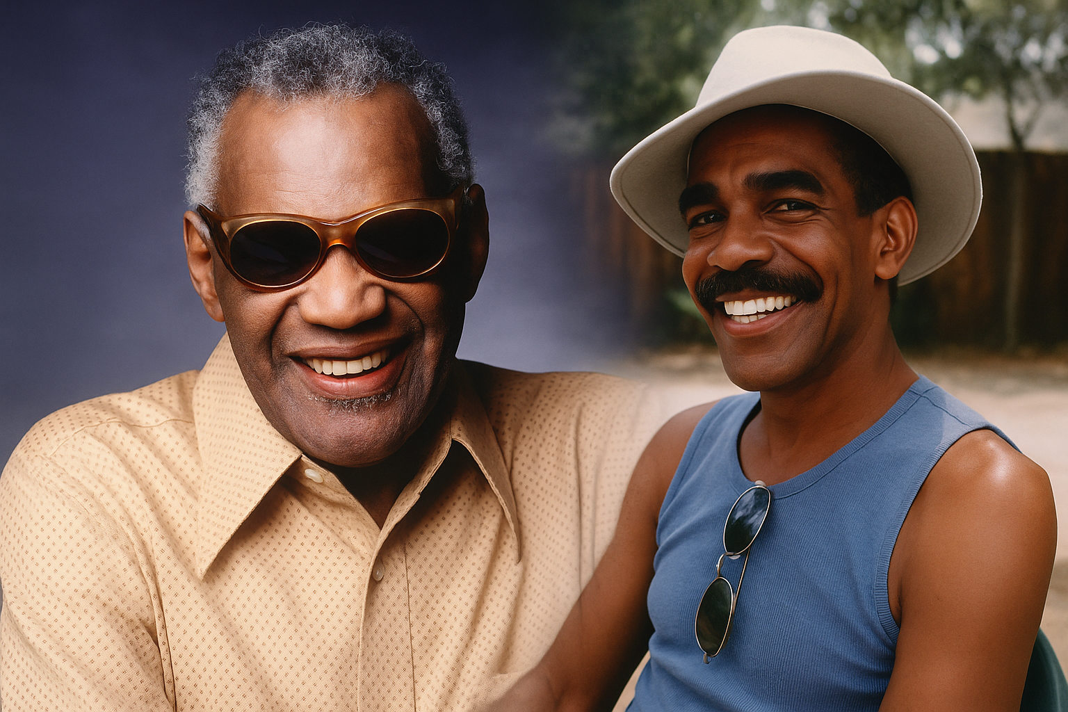 Ray Charles with his son Charles Wayne Hendricks smiling in a smooth collage featured banner