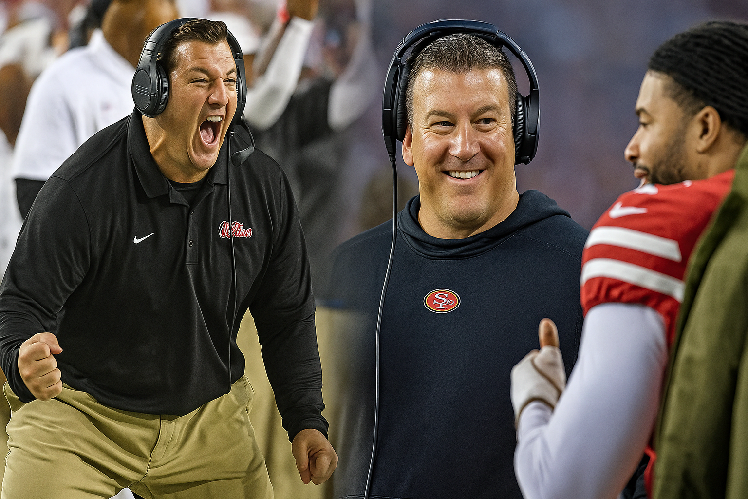 Chris Kiffin coaching at Ole Miss and San Francisco 49ers sideline, collage banner.