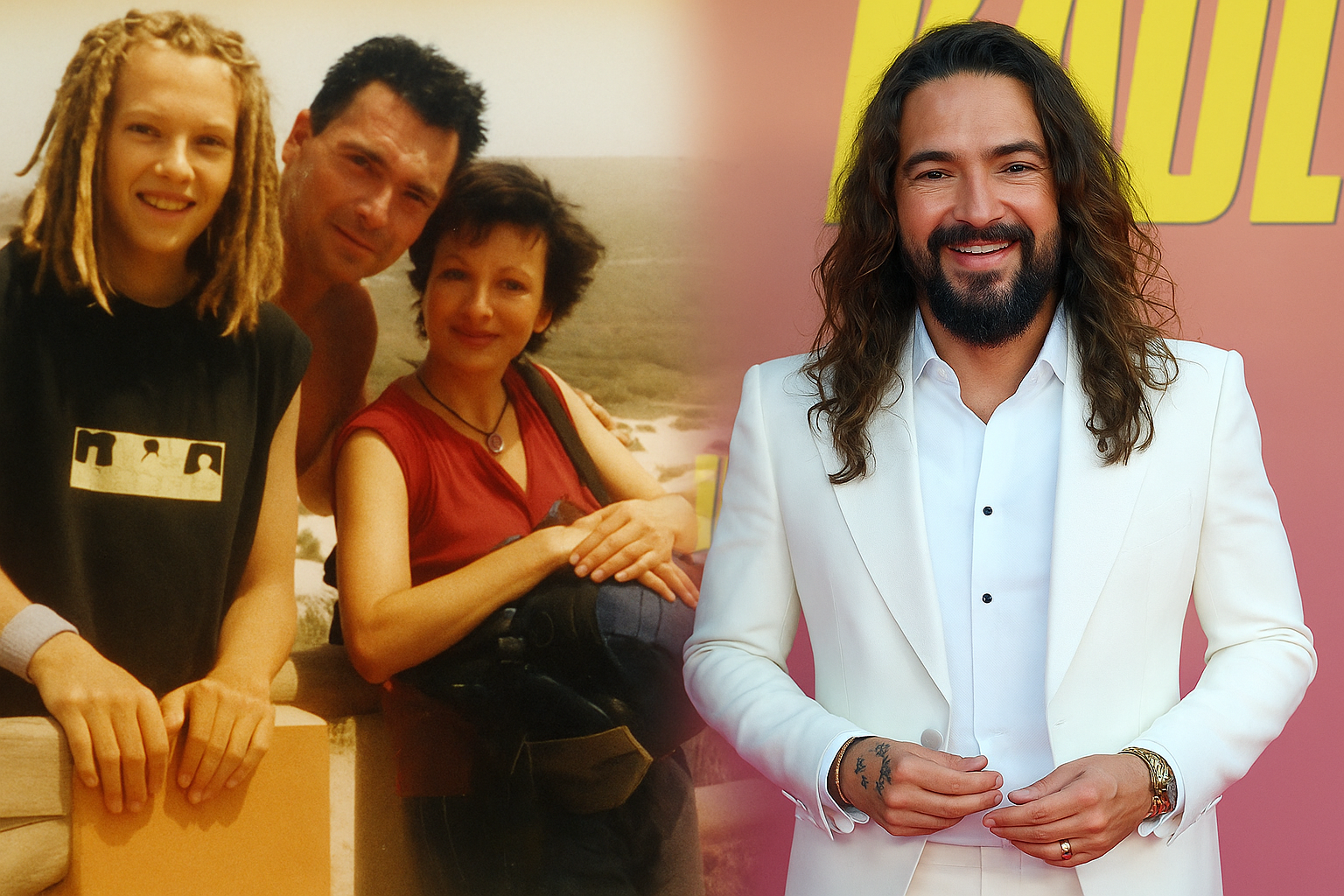 Collage of Jörg Kaulitz with his family in the past and Tom Kaulitz at a modern red-carpet event, symbolizing father-son legacy.