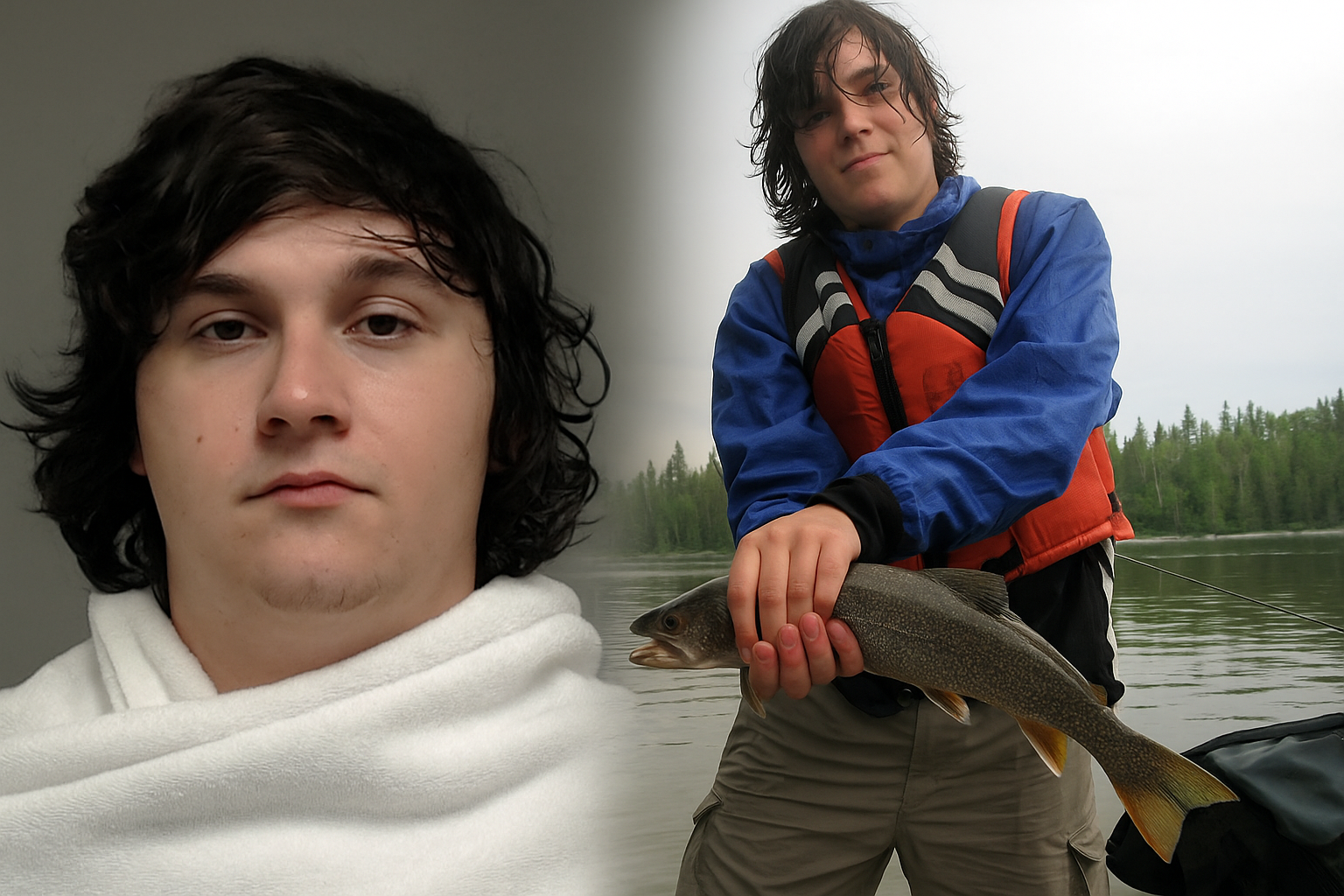Joshua Jahn split portrait collage showing two sides — mugshot-style close-up and outdoor fishing photo, featured banner 2025.