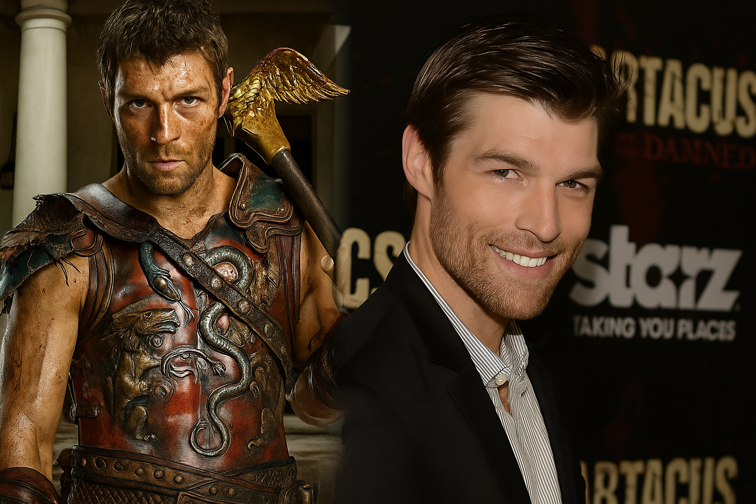 Liam McIntyre as Spartacus and at a Hollywood red carpet event, collage 16:9