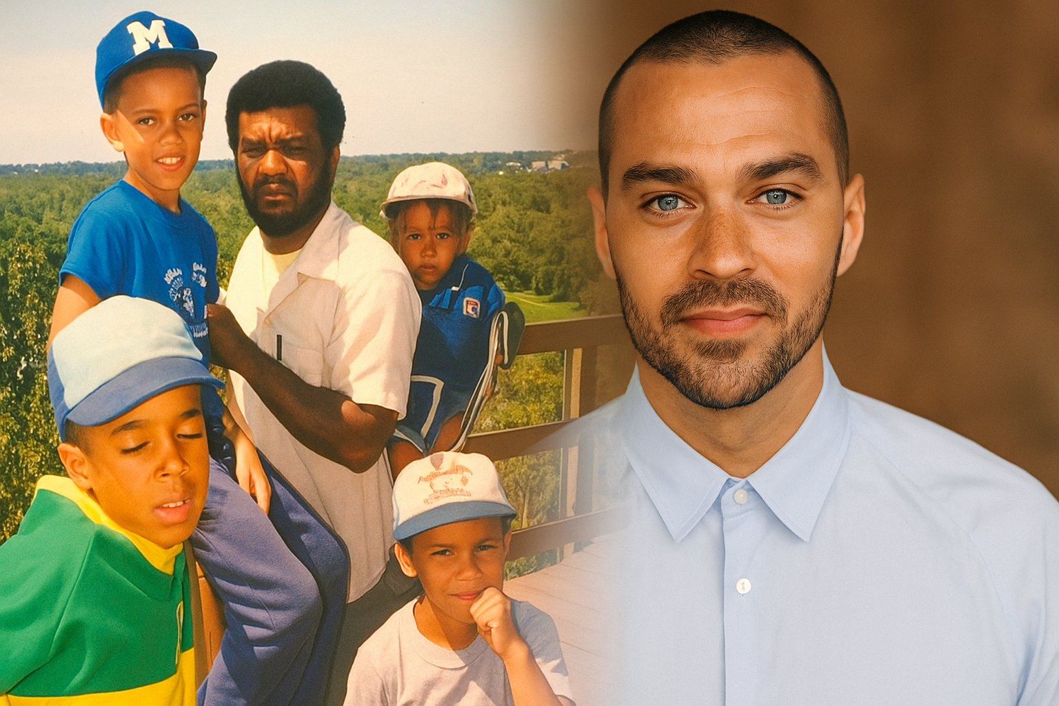 A family photo of Reginald Williams with his children on the left, blended with a modern portrait of his son Jesse Williams on the right.