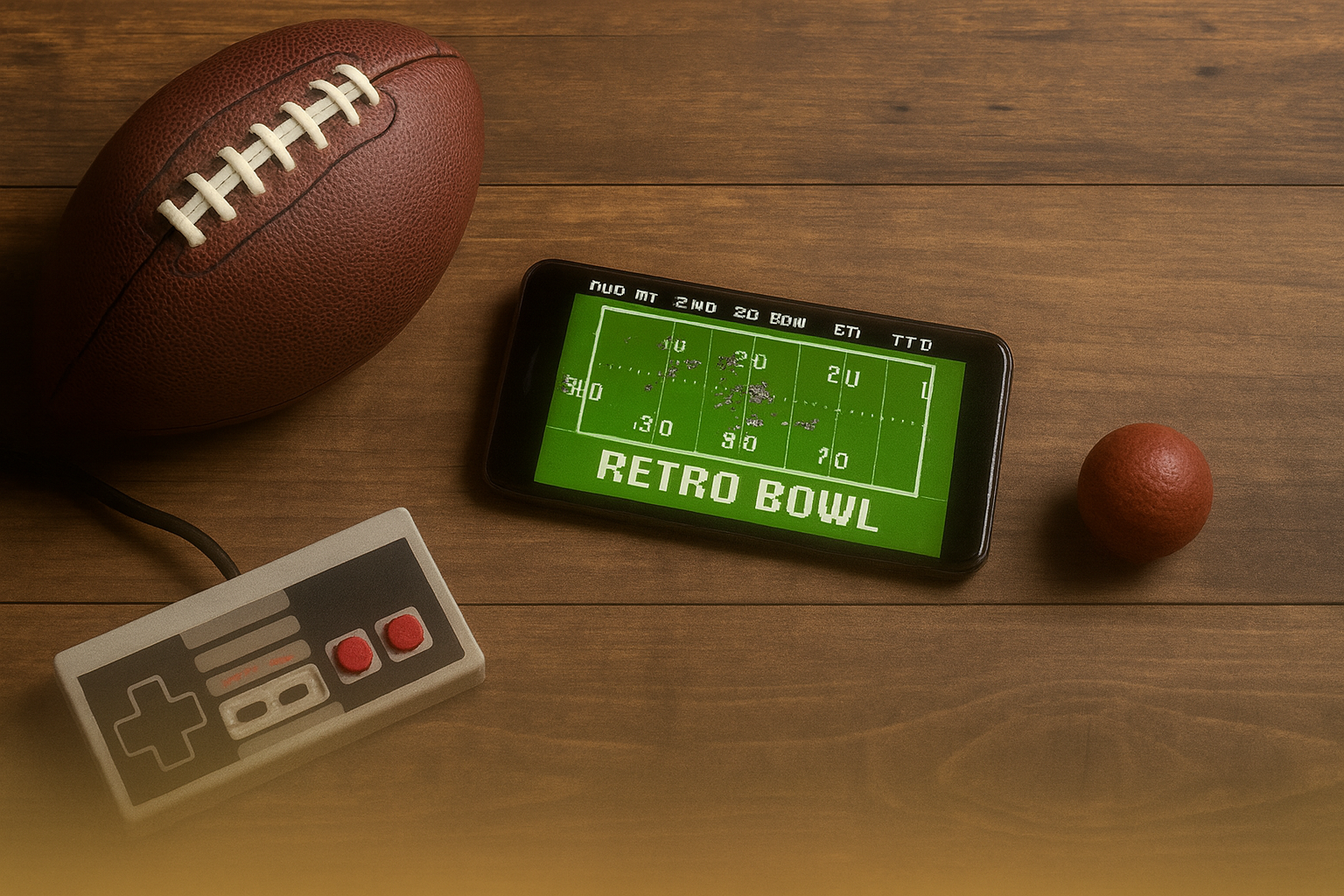 Retro Bowl 3kh0 unblocked football game on smartphone with retro controller and football on wooden table