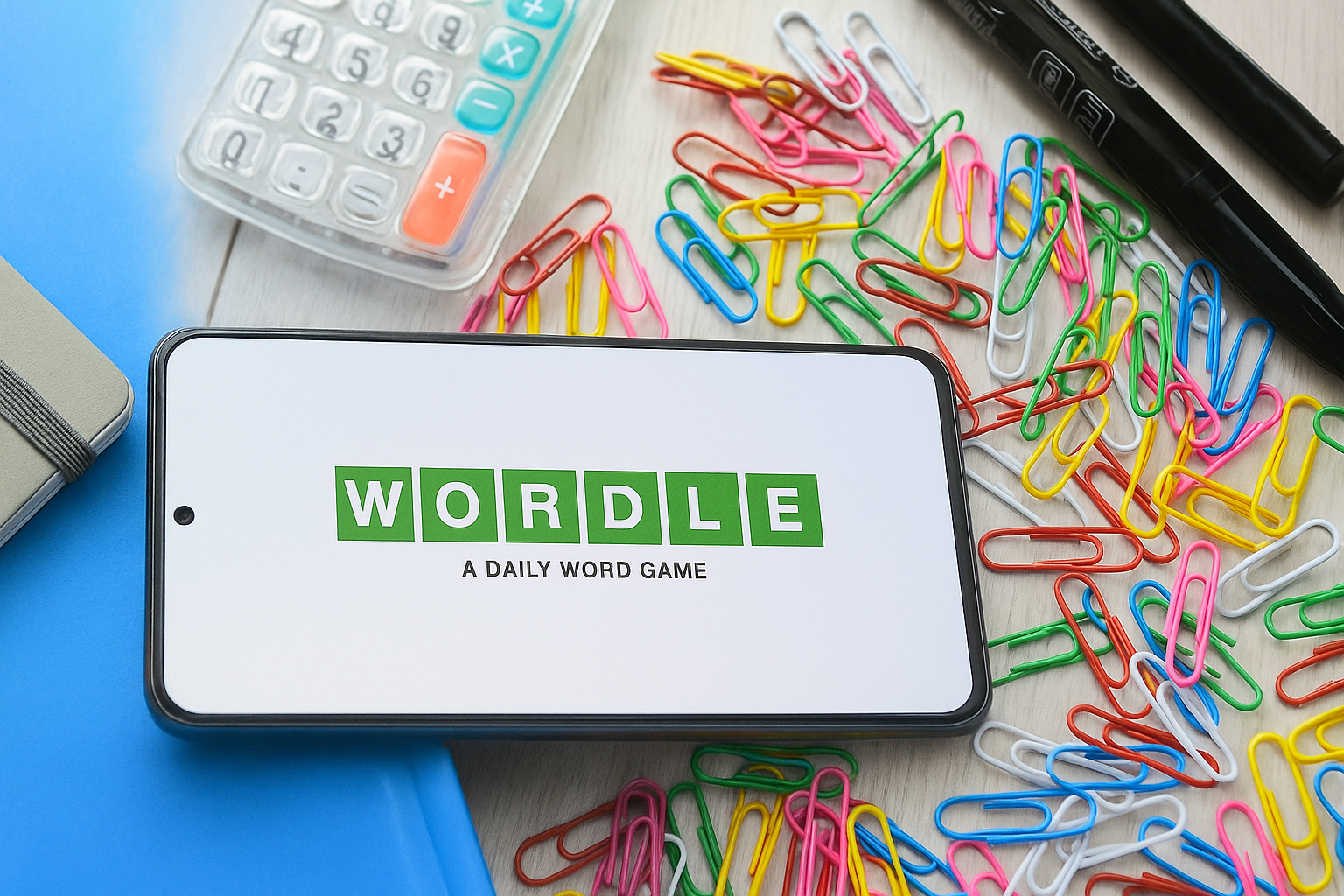 Wordle hint today featured banner showing smartphone with Wordle game screen surrounded by colorful paper clips.