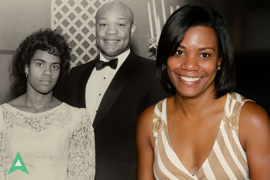 Collage of Adrienne Calhoun with George Foreman in a vintage photo and a modern portrait, representing the untold story of Foreman’s ex-wife.