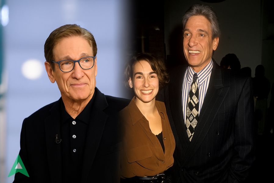 Amy Povich with her father Maury Povich in a smooth collage 16:9 featured banner