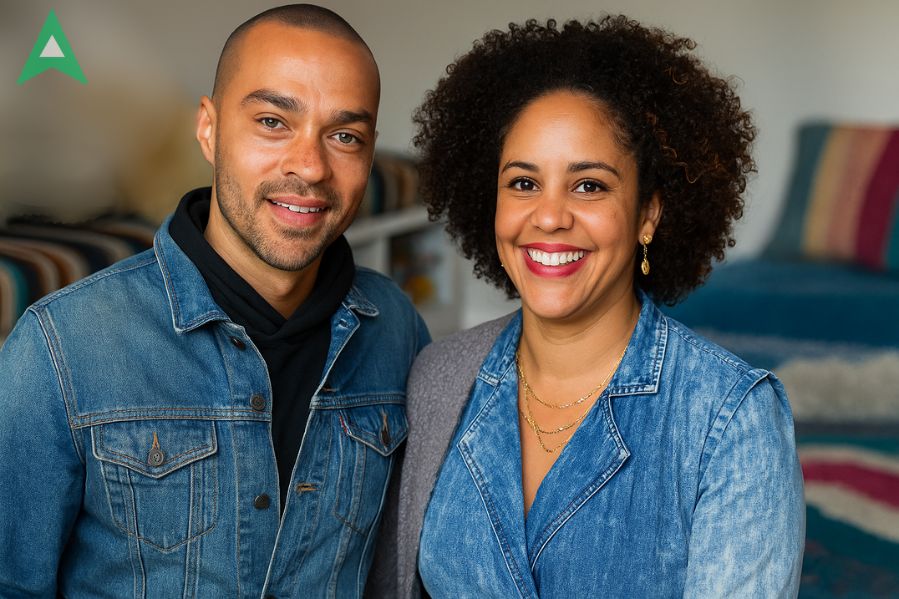 Aryn Drake-Lee with Jesse Williams at an event and smiling solo in denim — featured collage banner.