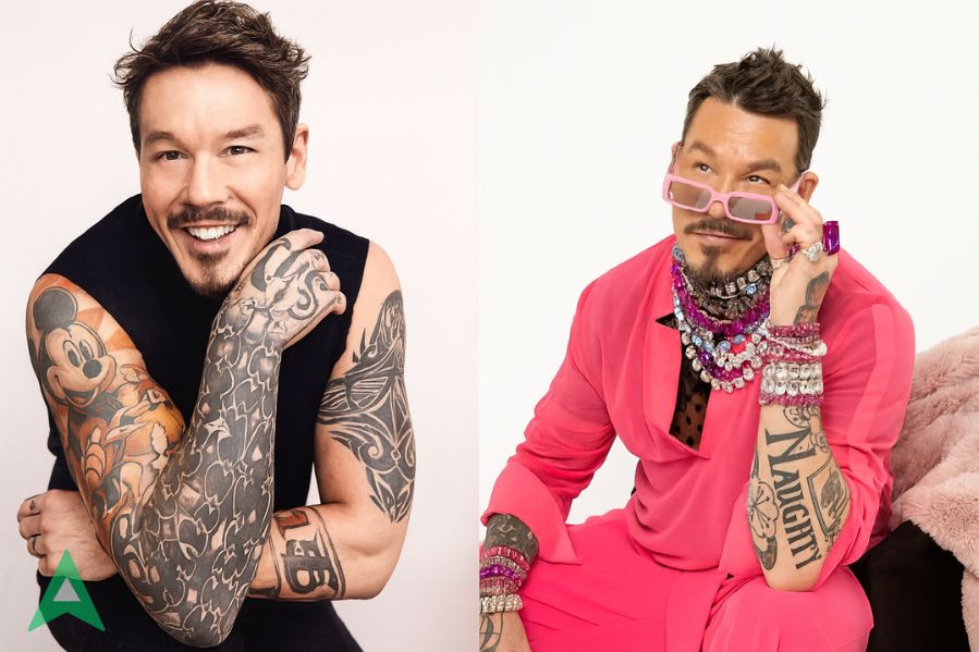 David Bromstad collage featuring his tattooed arm and playful pink outfit, created as a smooth 16:9 banner.