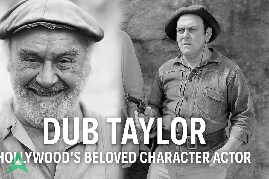 Dub Taylor collage showing his younger Western role with revolver and older smiling portrait, celebrating his legacy as Hollywood’s beloved character actor.