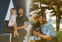 Fausto Xavier Aguilera in military uniform holding young Christina Aguilera indoors, alongside an outdoor photo where Christina kisses him on the cheek – rare childhood collage.
