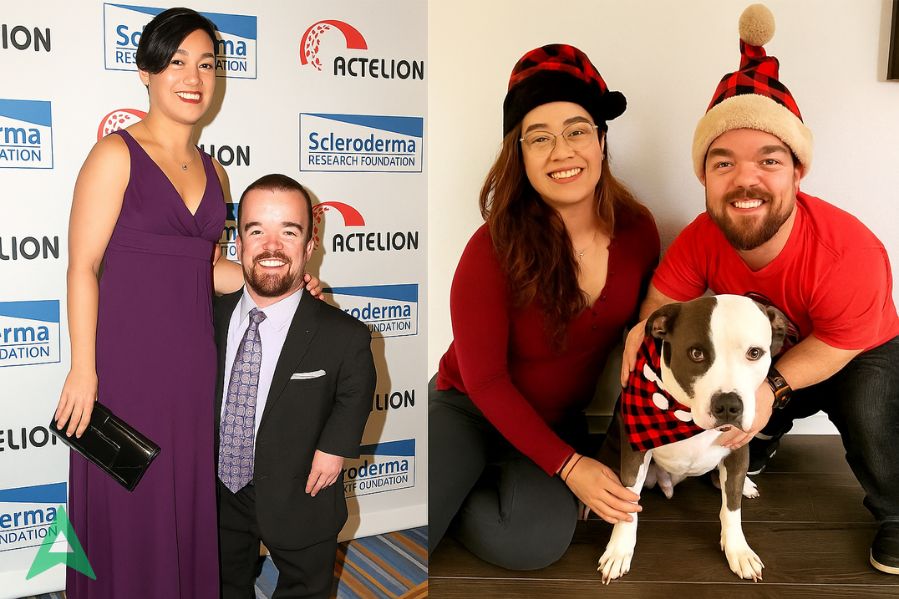 Brad Williams with his wife Jasmine Williams in a smooth collage featuring their formal event and family photo with their dog.