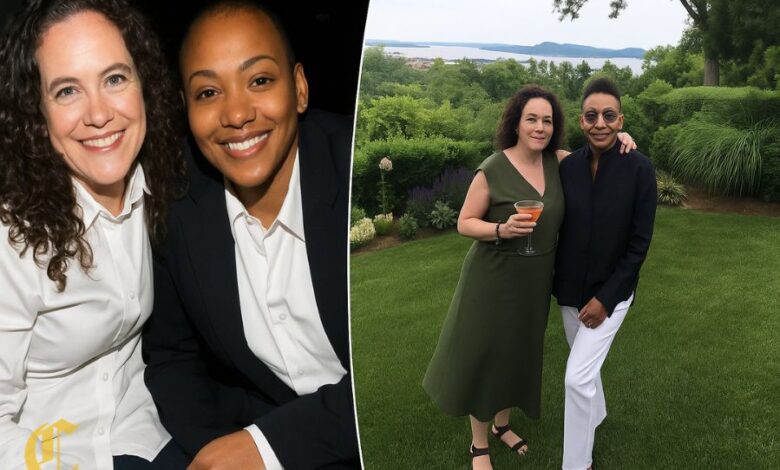 Lisa Hintelmann and Robyn Crawford smiling indoors and outdoors, collage photo as a couple, celebrating love and partnership.