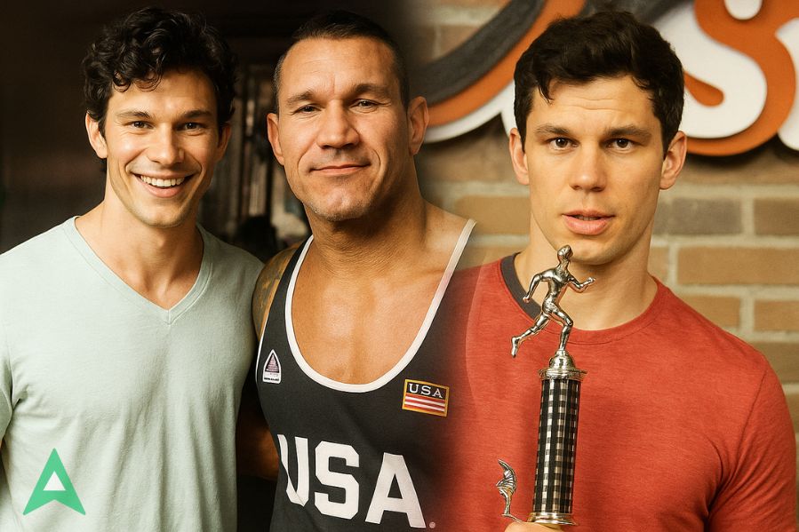 Nathan Orton with WWE superstar Randy Orton, highlighting comedy vs wrestling careers.