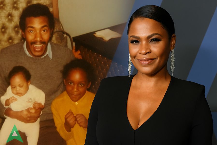 Nia Long with her father Doughtry Long in a blended collage of past and present