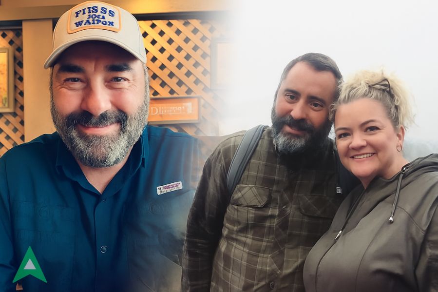 William Heath Hoover smiling indoors and with Colleen Hoover outdoors on a trip, blended in a smooth collage banner 16:9.